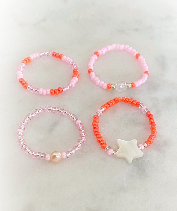 Orange And Pink Pearl Minimalist Dainty Seed Bead Stretch Boho Summer 4 Ring Set
