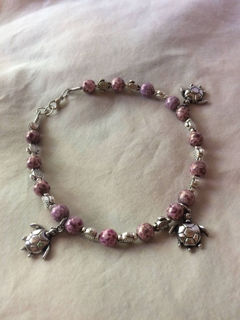 Silver sea turtle anklet purple sea turtle anklet silver dangle anklet purple luster anklet