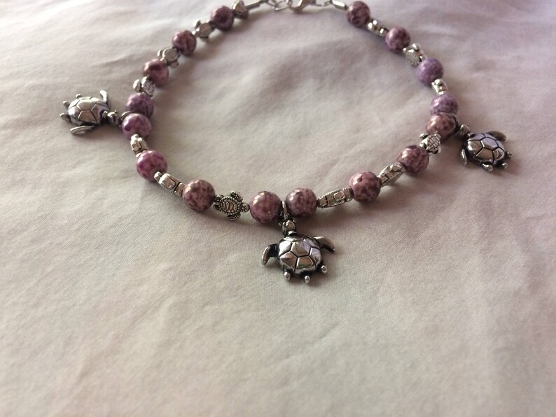 Silver sea turtle anklet purple sea turtle anklet silver dangle anklet purple luster anklet