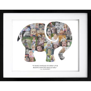 Op de afbeelding: Een ingelijste fotocollage van kindergezichten, gerangschikt in de vorm van een olifant. De quote "IT TAKES COURAGE TO GROW UP & BECOME WHO YOU REALLY ARE." -E.E. CUMMINGS- is onder de olifant afgedrukt.