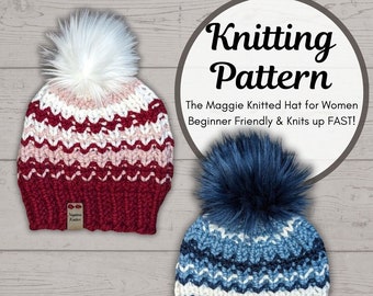 Women's winter knitted hat pattern, knitting pattern, beginner knitting pattern, easy knit hat pattern, super bulky yarn, circular needles