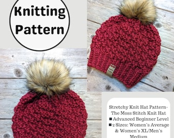 Knitting Pattern, The Moss Stitch Knitted Hat Pattern, 2 sizes in pattern, Circular knitting needle pattern, Beginner, super bulky yarn