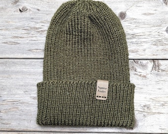 Women's Knitted Alpaca Blend Winter Hat, Olive green color, thick warm alpaca blend, women's handmade knit beanie, classic folded beanie