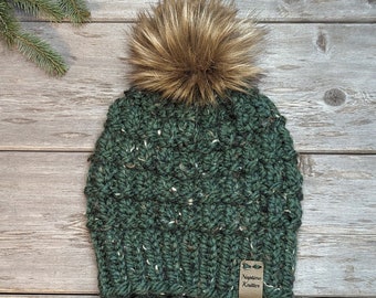 Women's Knitted Wool Blend Winter Hat, Pine Green Fleck, pine green with black and brown flecks, knitted winter hat, choose your pom color