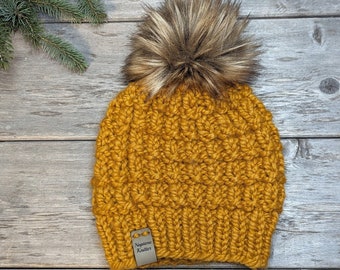 Women's Knitted Wool Blend Winter Hat, Deep Mustard color, hand knit winter beanie for women, thick warm wool blend, choose your pom pom