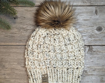 Women's Knitted Wool Blend Winter Hat, Oatmeal Fleck, light beige with black and brown flecks, thick, warm, hand knit, choose your pom color