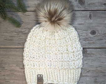 Women's Knitted Wool Blend Winter Hat, Choose your Pom Pom, Ivory, Cream color, hand knit winter beanie for women, thick warm wool blend