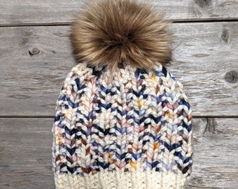 Women's Knitted Wool Blend Winter Hat, Hand Dyed Luxury Yarn, thick warm hand knit beanie, ivory, blue, blush pink, brown, faux fur pom pom