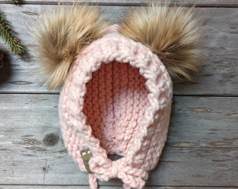 Knitted baby bonnet, light pink, handmade knit bonnet, hand knit baby hat, with or without faux fur poms, baby bonnet with ties, thick, warm