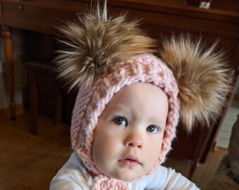 Honey Bear Knit Bonnet, knit baby bonnet, knitted baby bonnet, light pink, super soft, warm, thick, chunky, baby bonnet, 5 sizes available