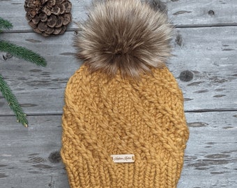 Bulky Wool Hand Knit Beanie Hat with Faux Fur Pom in Women'sTeen & Child Sizes