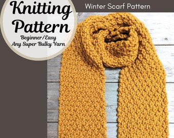 Knitting Pattern Beginner Easy Knit Scarf, Sophie Textured winter scarf knitting pattern, super bulky yarn, fast, standard adult size