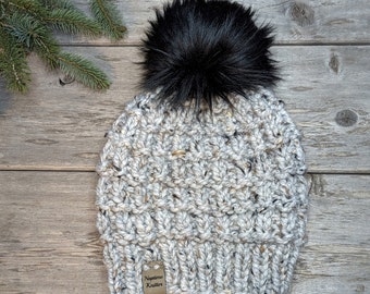 Women's Knitted Wool Blend Winter Hat, Gray Fleck, choose your faux fur pom pom, thick and warm knit hat for women, machine washable