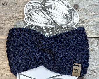 Women's Twisted Knitted Ear Warmer, Navy blue, knitted twist winter headband, thick warm wool, hand knit, winter ear warmer for women