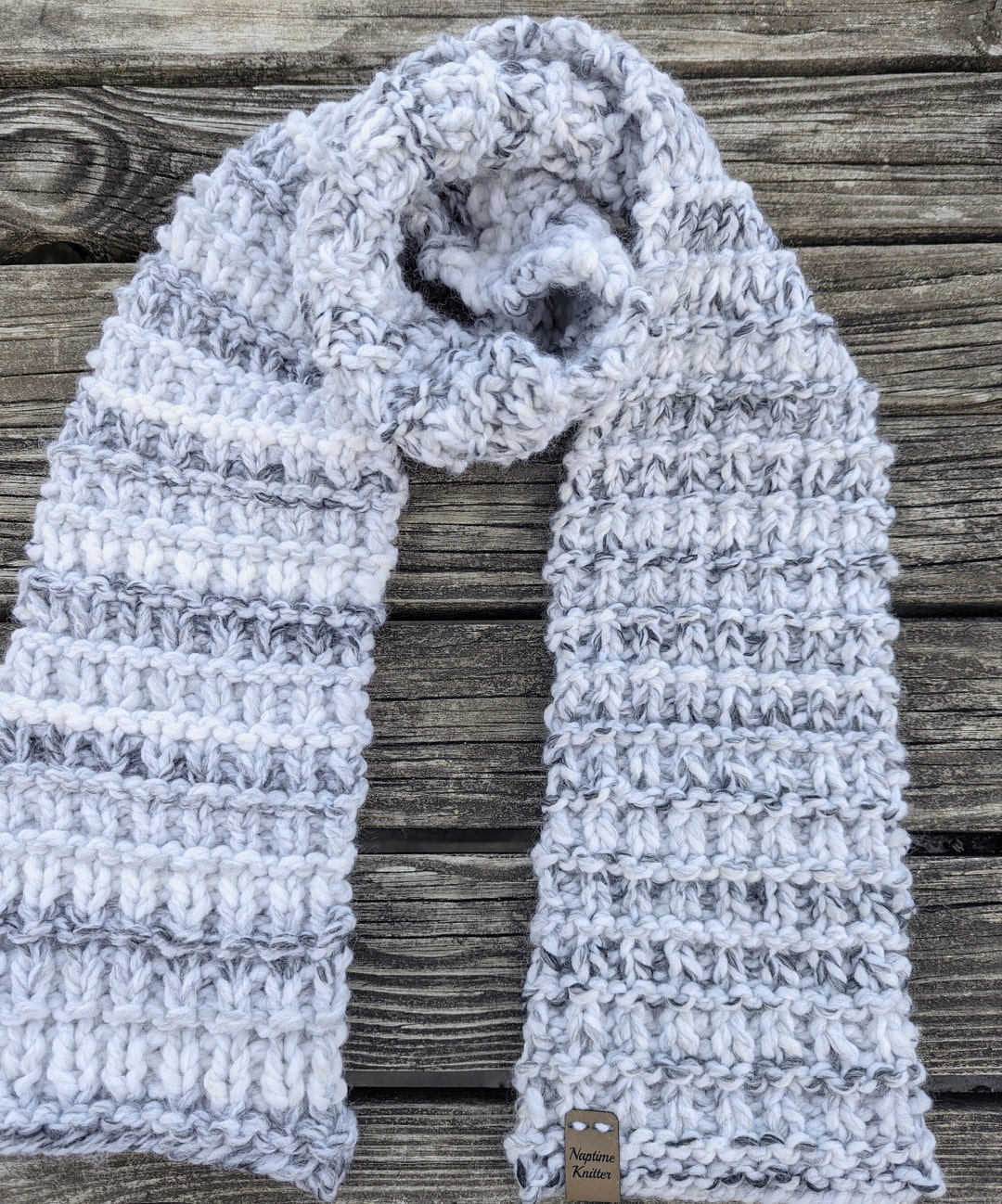 Women's Knit Scarf, White and Gray Marble, Wool Blend Scarf for Women