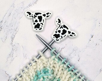 Knitting Needle Stitch Stoppers: Black and White Cow (Set of 2)