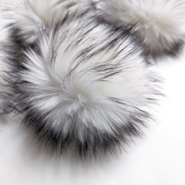 White with black tips, Faux Fur Pom-Pom, small, medium, large, faux fur, hat topper, 4 inch, 5 inch, 6 inch, long pile, white, black