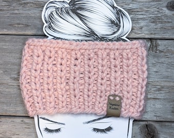 Women's Knitted Wool Blend Ear Warmer, Light Pink, thick wool blend, knit winter headband for women, hand knit, stretchy, average size