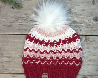 Women's knitted winter hat, thick warm wool blend, Cranberry, light pink, white, removable faux pom pom, average size, hand knit