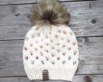 Women's Knitted Wool Blend Winter Hat, Fair Isle Ivory with mustard, blue and brick red little hearts, knit winter beanie hat, faux fur pom