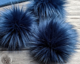 Denim Blue Faux Fur Pom-poms, 4 Inch Small, 5 Inch Medium, 6 Inch Large,  Long Pile, Faux Fur Pom Pom, Navy Blue Color, Denim Blue 