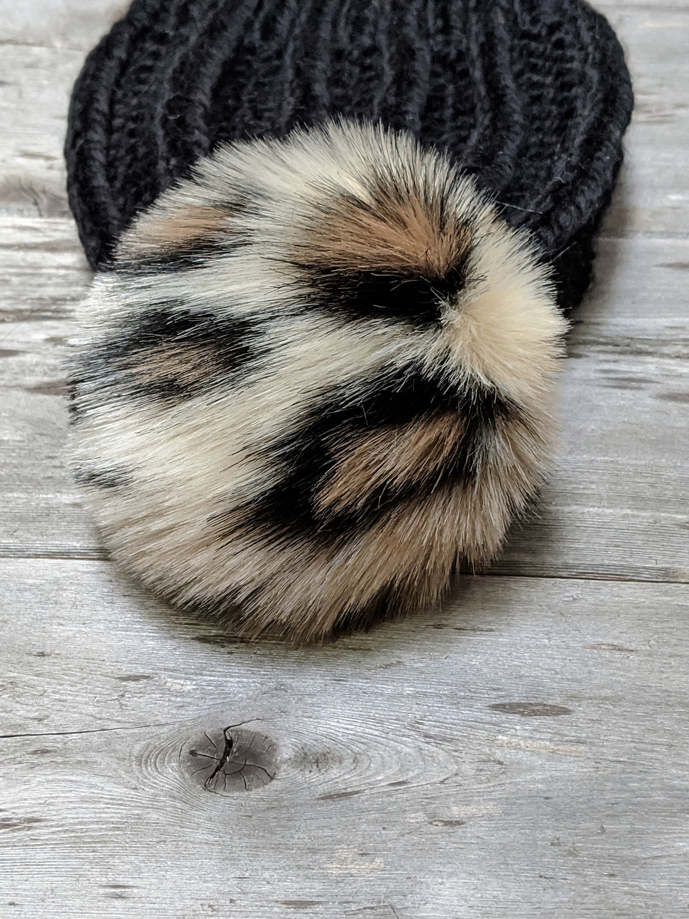 Tan Leopard Fur Pom Pom Re-purposed Lv Patch Beanie - $51