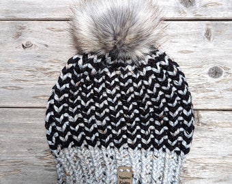 Women's Knitted Wool Blend Winter Hat, Gray Fleck and Black, thick and warm knit hat for women, washable, Stretchy warm handmade knit beanie