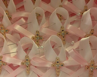 Martyrika-Witness Pins 50pcs For Girl Brooch Pink Cord Rotten Apple Color Ribbon Tulle Pearl White Cross