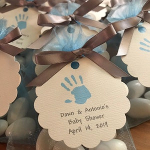25 Baby Shower Jordan Almond Favors – 3x4 Organza Bags with Satin Ribbon & Handprint Tag – Pink Blue Yellow – Baptism Christening Favor