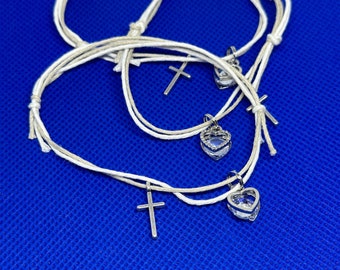 25- Martyrika (bracelets de témoins) Bracelet cordon double avec croix en argent - coeur en strass- anniversaire- baptême- communion-bautismo