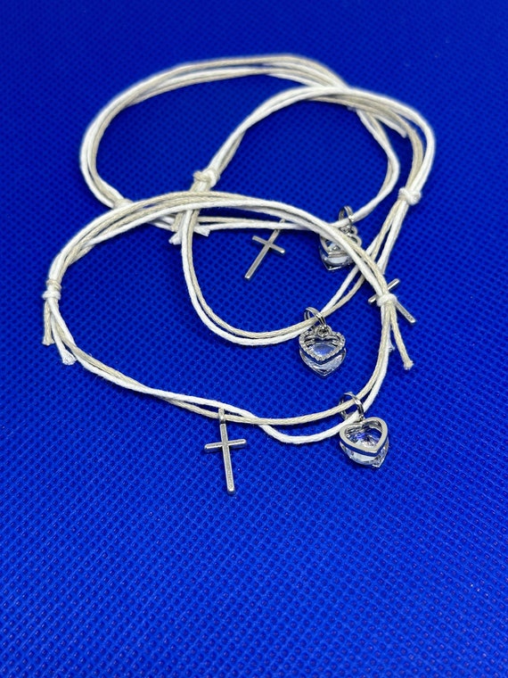 25- Martyrika (Witness Bracelets) Double cord bracelet with silver cross - rhinestone heart- birthday- baptism- communion-bautismo