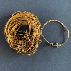50- Baptism Martyrika (Witness Bracelets) /Gold Wax  Cord / Cross Martyrika & Evil Eye Bracelets- greek traditions- baptism favor - birthday