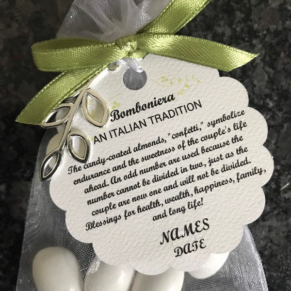 50-  Bomboniera Favor with Olive Branch Charm • 5 Jordan Almonds • Italian Wedding Favor • Baptism or Shower Keepsake • Custom Tag