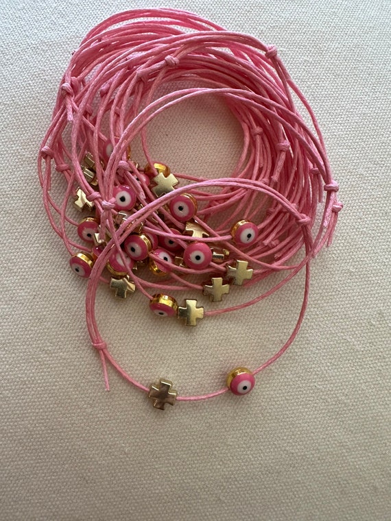 25 - Baptism Martyrika Witness Bracelets Gold Cross  & Pink evil eye bead Martyrika Bracelets- baptism favors - birthday favors