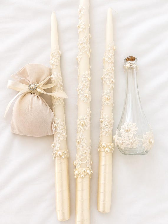 White Flowers - Lace embellished Greek Orthodox Baptism Set- Includes: Three Candles (Lambathes), matching Oil Bottle and Soap