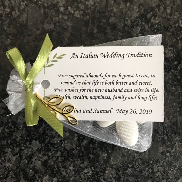 50 Bomboniere Favors with Olive Branch Charm – Jordan Almonds in Sheer Bag with Custom Tag & Olive Green Ribbon – Italian Wedding Favor