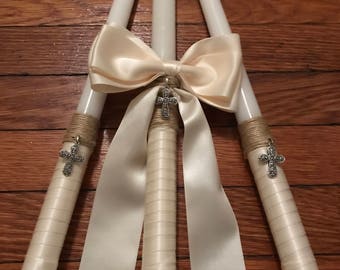 Cross Twine & Satin Bow - Greek  Orthodox Baptism Set - Includes: Three Candles (Lambathes), Oil Bottle and Soap