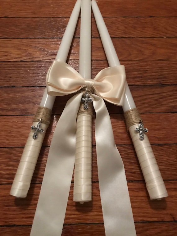 Cross Twine & Satin Bow - Greek  Orthodox Baptism Set - Includes: Three Candles (Lambathes), Oil Bottle and Soap
