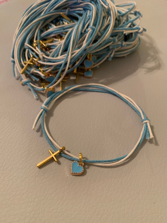 25- Baptism Martyrika (Witness Bracelets) Double cord bracelet with gold cross charm- blue enamel heart- birthday- baptism- communion