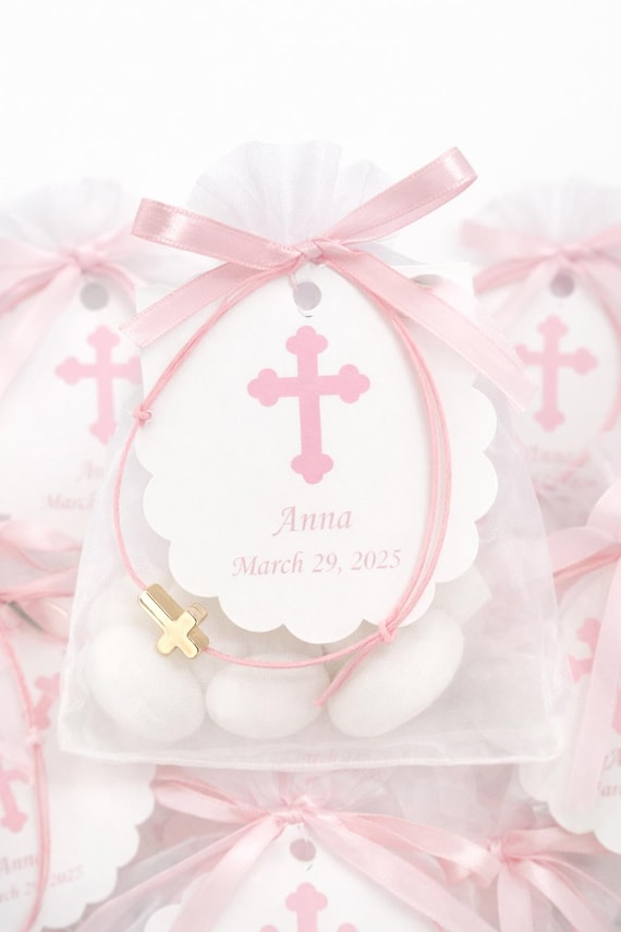 25 Baptism Favor Bags with Jordan Almonds – Martyrika Bracelet with Silver Cross – Greek Orthodox Christening Favors - Bautismo - Communion