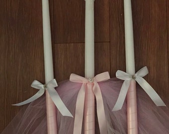 Pink Girl Greek  Orthodox Baptism Set- Includes: Three Candles Lambathes, matching Oil Bottle and Soap