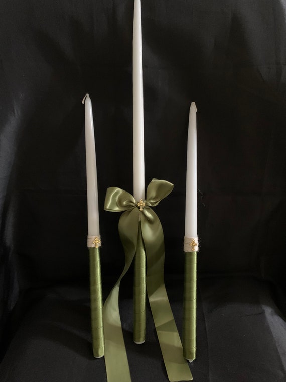 Cross Twine & OliveSatin Bow - Greek  Orthodox Baptism Set - Includes: Three Candles (Lambathes), Oil Bottle and Soap- greek baptism