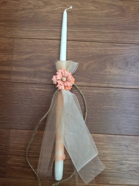 Peach floral Greek Orthodox Easter Candle - regular or flameless lambathes