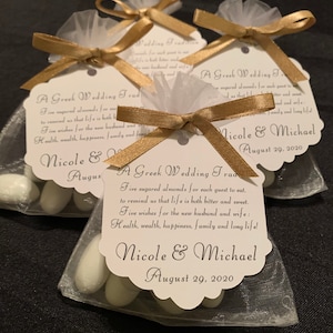 50 Greek Boubouniera Favors – Jordan Almonds in Sheer Bag with Satin Ribbon & Custom Meaning Tag – Wedding, Baptism, or Christening Favor