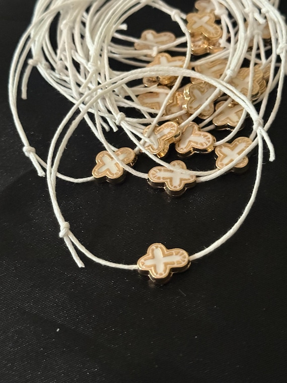 25- Martyrika Witness Bracelets – Greek Orthodox Baptism Favor with White & Gold Enamel Cross – Bautismo – Christening Guest Gift