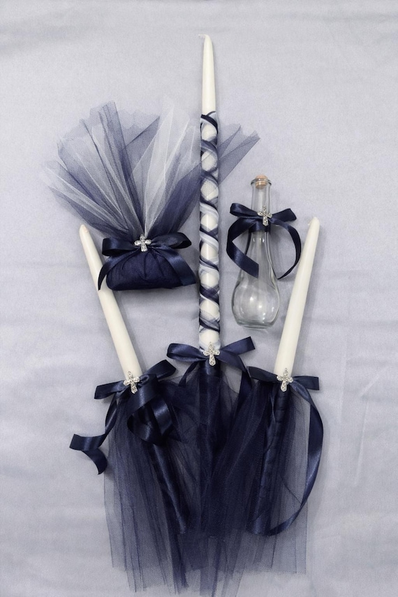 Navy Lambada- Greek Orthodox Baptism Candles (Lambathes)- Navy tulle - Handmade- silver cross- Oil bottle - decorative Soap-