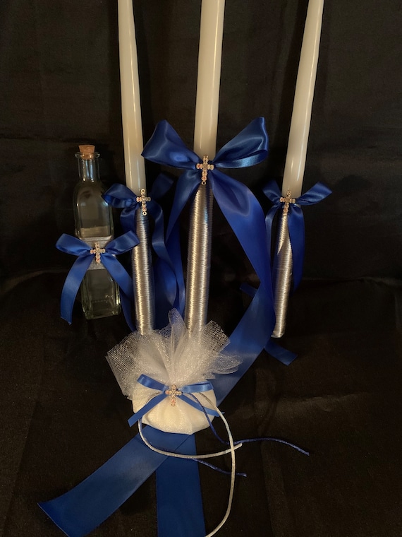 Truly Blue Too- Greek  Orthodox Baptism Set - Includes: Three Candles (Lambathes), Oil Bottle and Soap