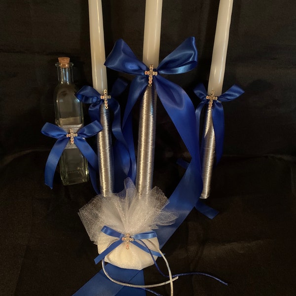 Truly Blue Too- Greek  Orthodox Baptism Set - Includes: Three Candles (Lambathes), Oil Bottle and Soap