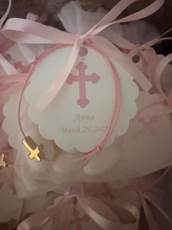 25 Baptism Favor Bags with Jordan Almonds – Martyrika Bracelet with Silver Cross – Greek Orthodox Christening Favors - Bautismo - Communion