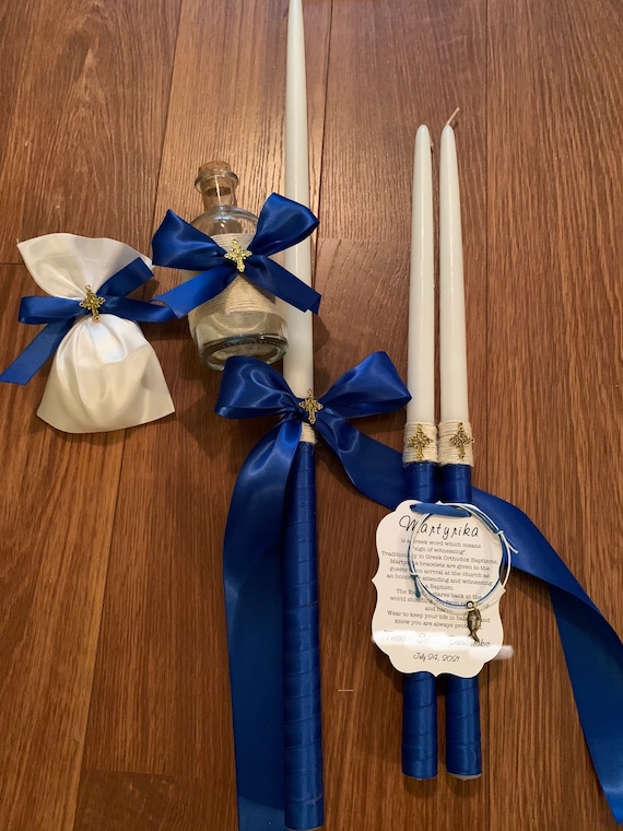 Cross Twine & Royal Blue Satin Bow - Greek  Orthodox Baptism Set - Includes: Three Candles (Lambathes), Oil Bottle and Soap- greek baptism